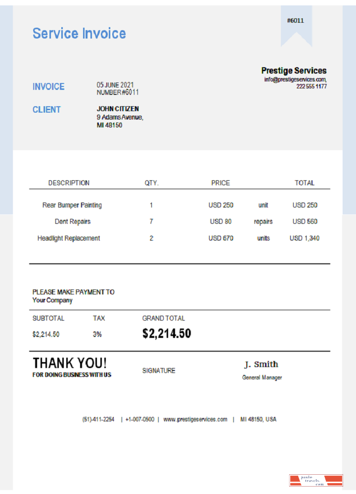 USA Prestige Services invoice PSD template